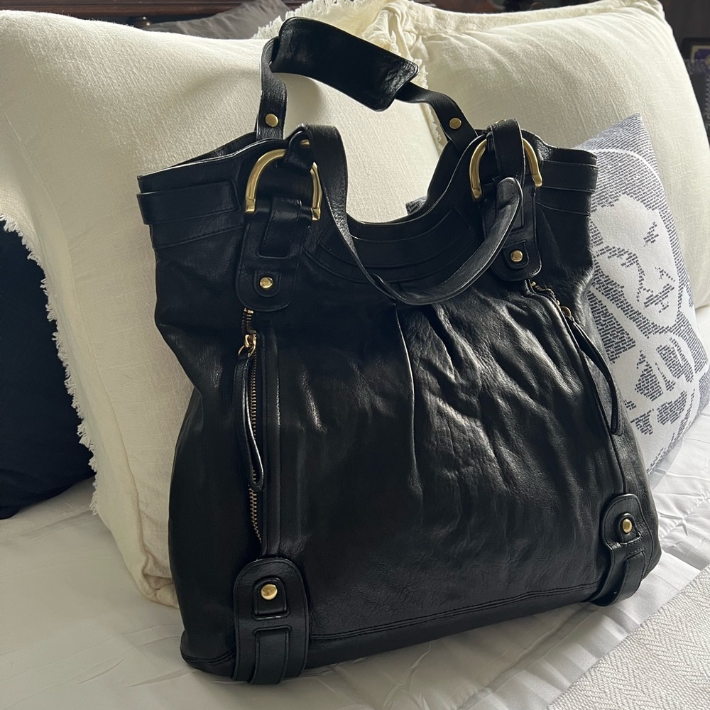 Kooba double zip medium black leather handbag